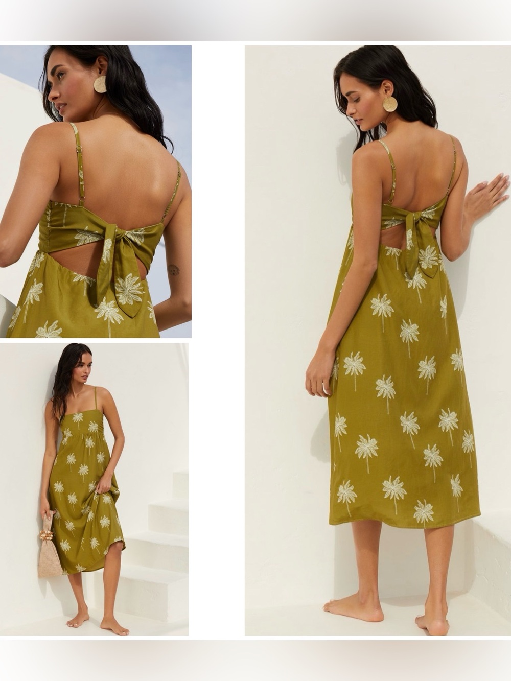 Anthropologie Citrine Swim Posey Linen Midi Dress Olive Green Palm Print M